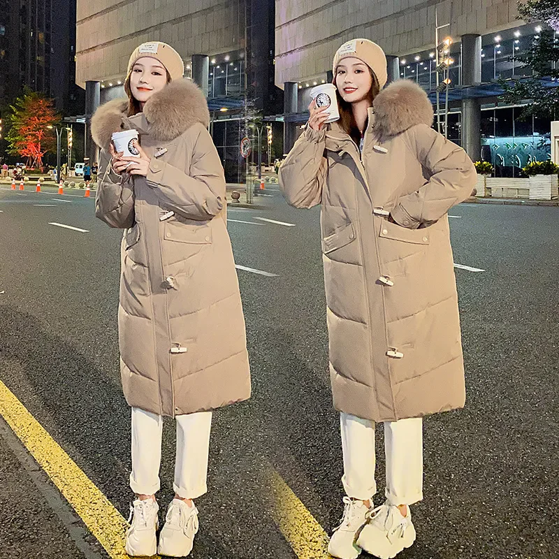 2024 New Women Mid-Length Horn Buckle Down Cotton Coat Winter Parkas hooded Thick Warm Padded Jacket Female Slim Outerwear