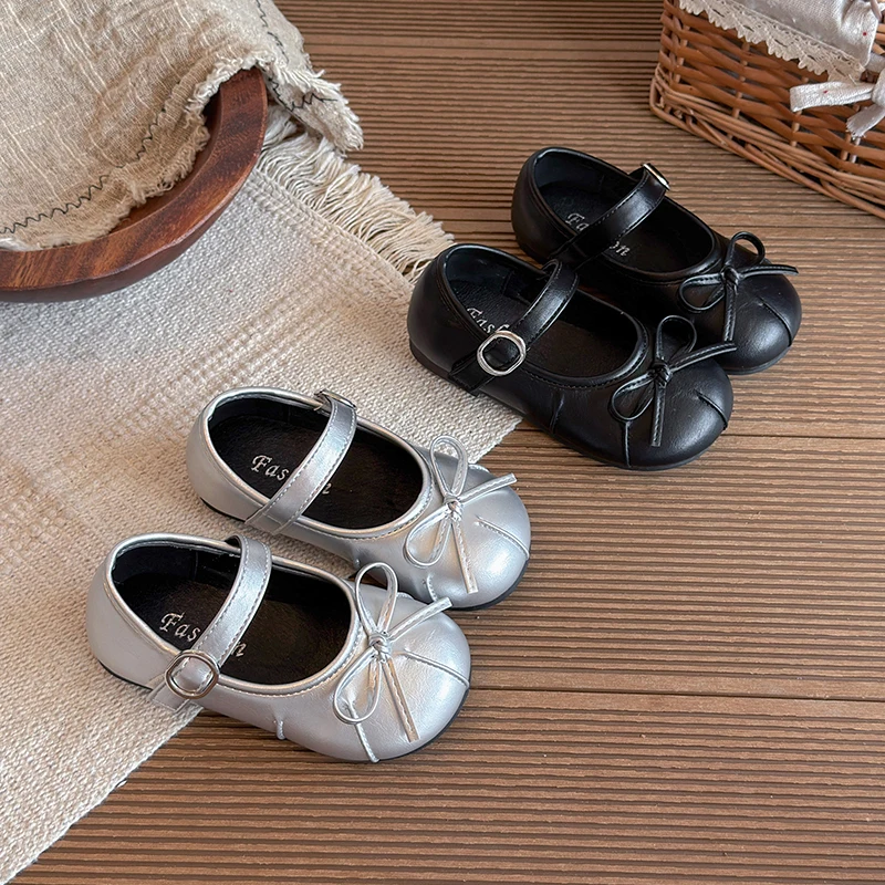 Girls' Korean Comfortable Fashion Leather Shoes with Bowknot Detail Soft Sole Anti-Slip Simple Design Children's Shoes