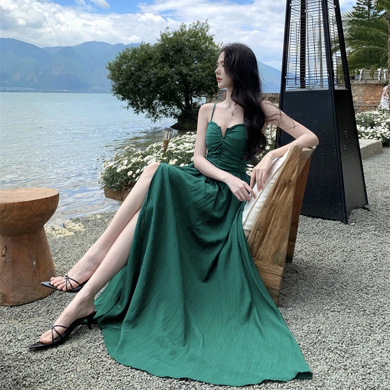 

Coigarsam Women's Summer Dress New Sexy Solid Sleeveless Spaghetti Strap High Waist Backless Dark Green Camisole Dresses