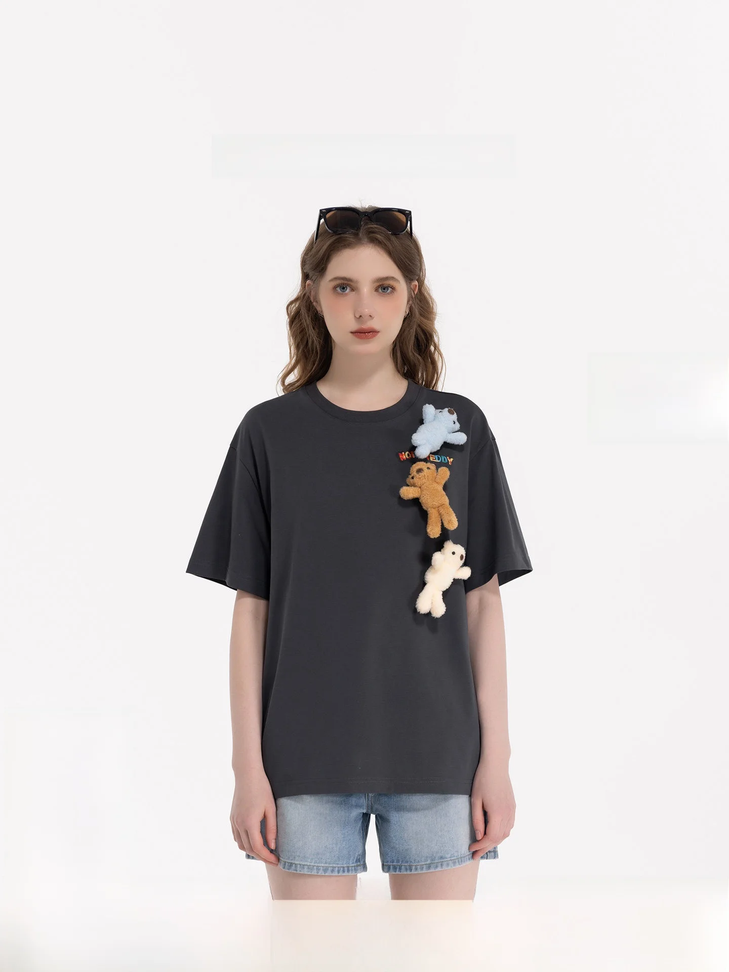 

Футболка унисекс Noisy Teddy, летняя, новая, милая, трехцветная, с 3D-медведем, круглым вырезом, коротким рукавом, повседневная, свободного кроя, из смесового хлопка и полиэстера