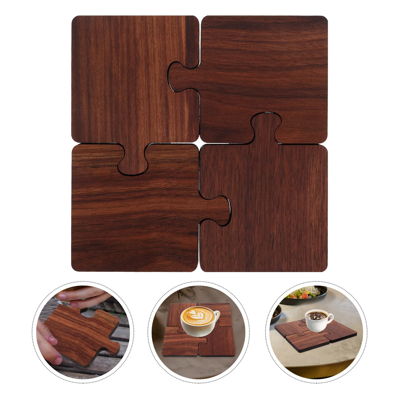 

4Pcs Wooden Coasters for Tea Coffee Mugs Heat Insulated Drink Pads Farmhouse Aesthetic Table Decor Unique Jigsaw Puzzle Style