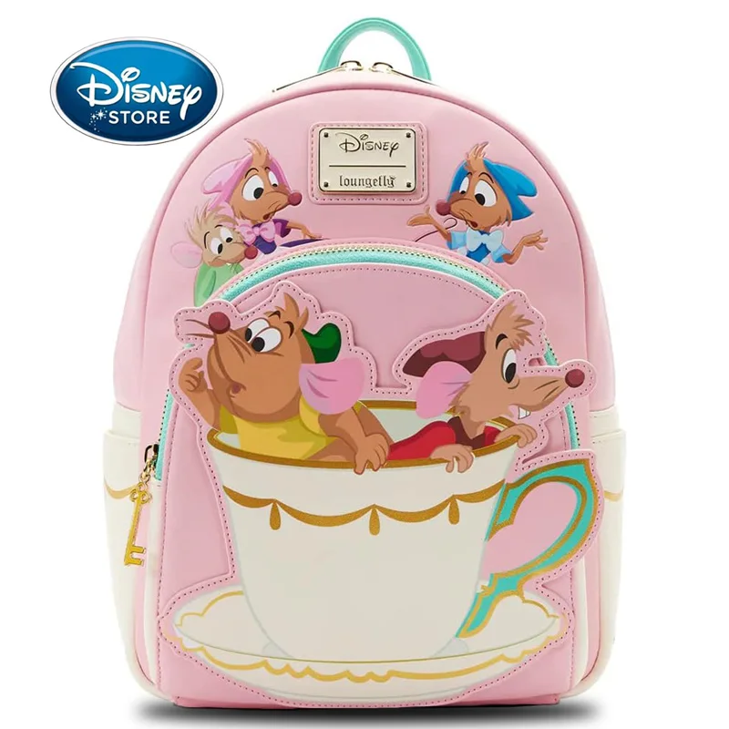 Disney Princesa Cinderela Gus e Jq Bolsa de Ombro Dupla para Mulheres, Impressão de Desenhos Animados, Lúcifer, Couro PU, Mochila Rosa