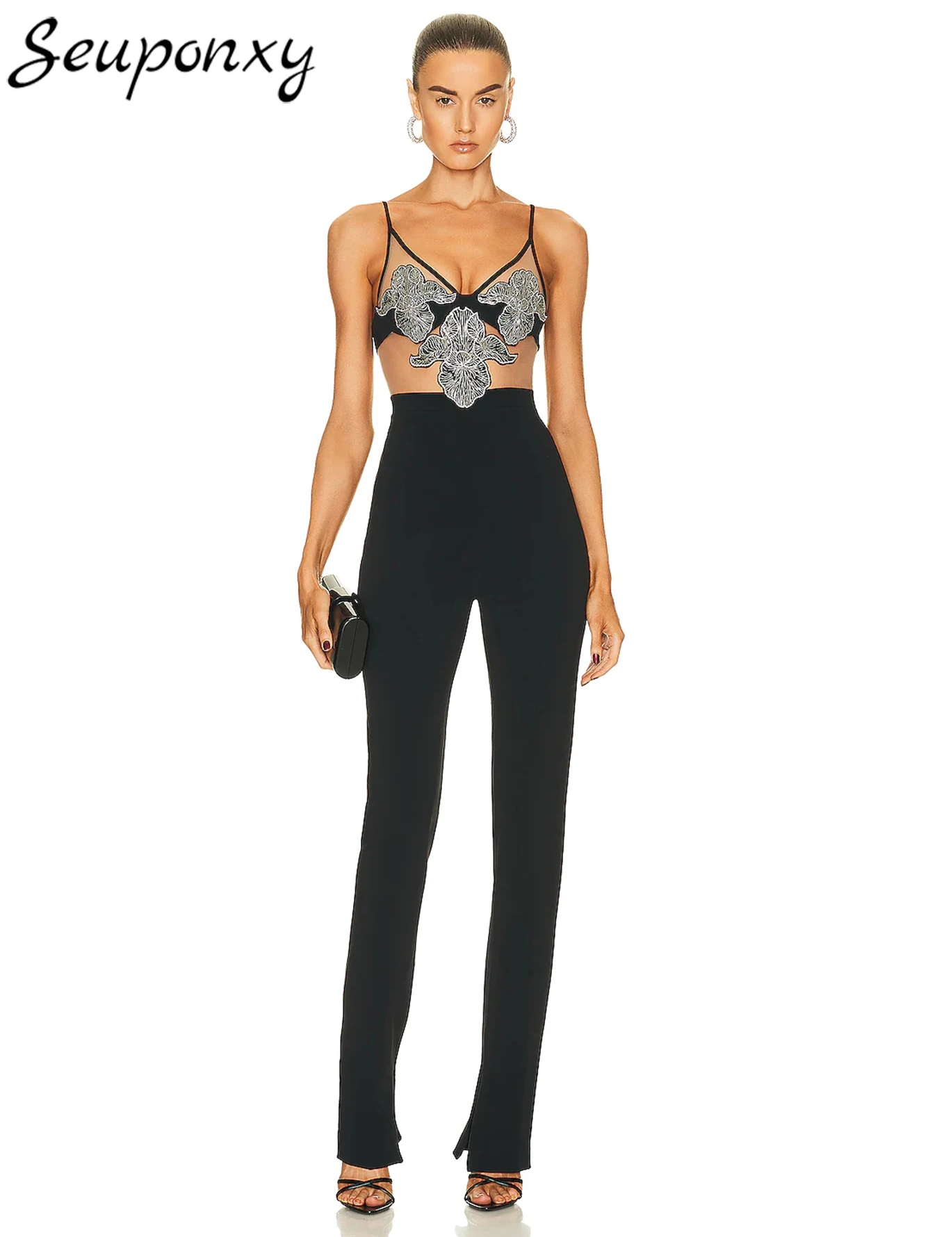

High Quality Women'S Sexy Sleeveless V-Neck Diamond Mesh Patchwork Bandage Jumpsuit 2023 Fashion High Street Pencil Jumpsuit