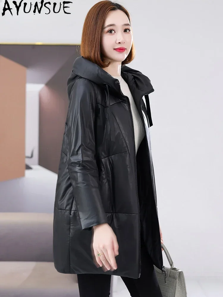 AYUNSUE 100% Real Leather Jacket Women Winter Mid-long White Duck Down Coats Hooded Sheepskin Coat Loose Outerwears Chaquetas