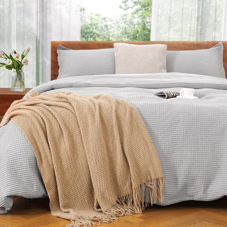 

Duvet Cover Set Queen Size 100 Cotton,Light Gray Waffle Weave Soft and Breathable 3 PCs Bedding Set 1 Duvet Cover and 2 Pillow S