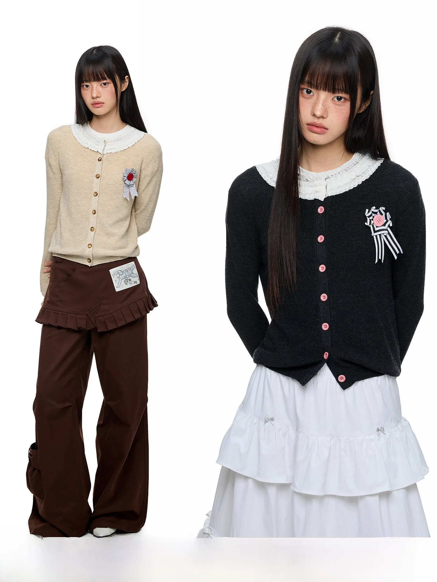 

JIKOO Korean Sle Knitted Long Sve Lace Splicing School orm Sle Chest Flower Open Cardigan Women's Top