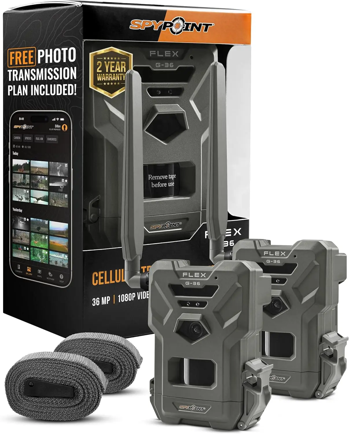 Flex G-36 Twin Pack Cellular Trail Camera, 36MP Photos and 1080p Videos with Sound, GPS Enabled, Dual-Sim LTE Connectivity, 100'