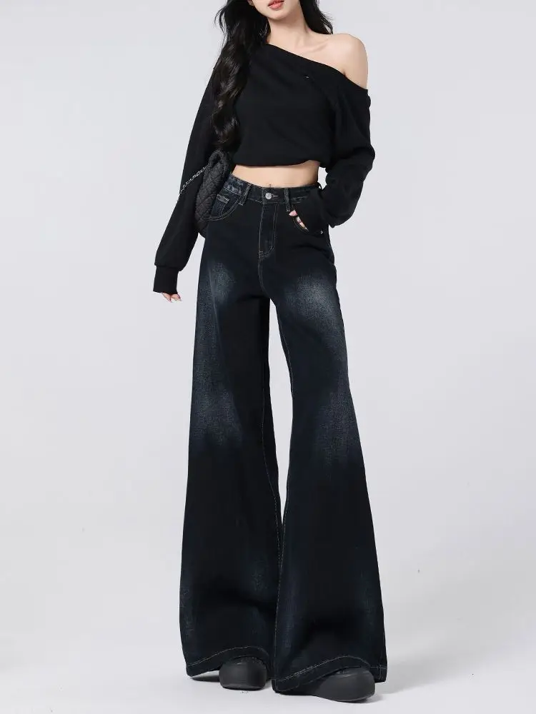 

American Retro Blue-gray Wide-leg Jeans Women's 2025 New Spring Loose High-waisted Floor Pants