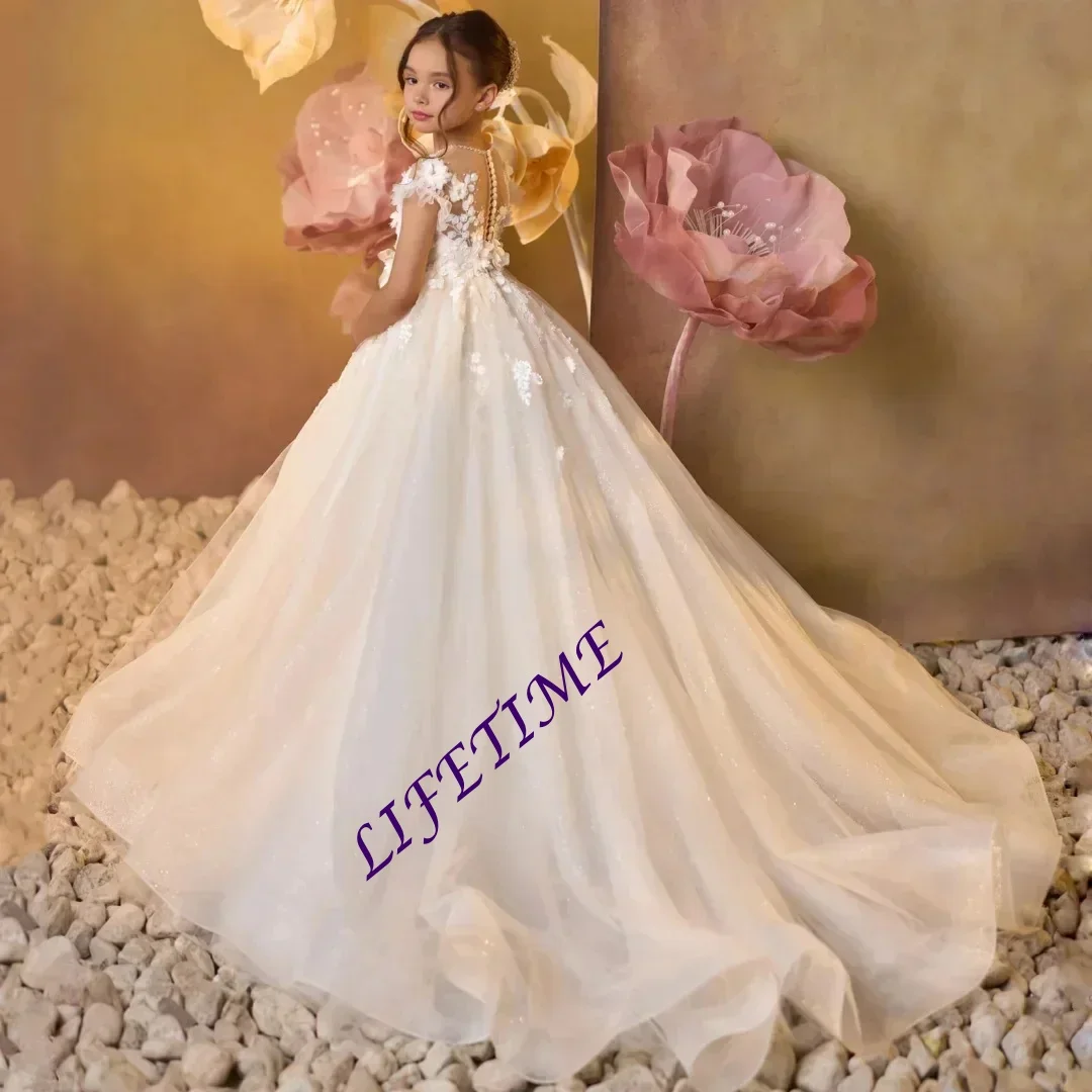 Girls Royal Lace Princess Gown Flower Girl Wedding Dress with Long Train for Birthday Ball Performance Customized Floor Length