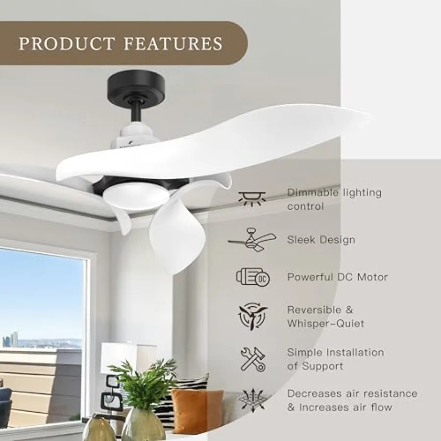 Gyro ceiling fans with lights and remote for bedroom: 54-inch modern design, sculpted blades, reversible ultra quiet DC motor,