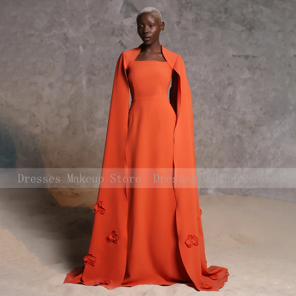 Orange Evening Dress Cloak Sleeves A Line Elegant Women\'s Formal  Gowns 2024 3D Flowers  Party Dresses Long