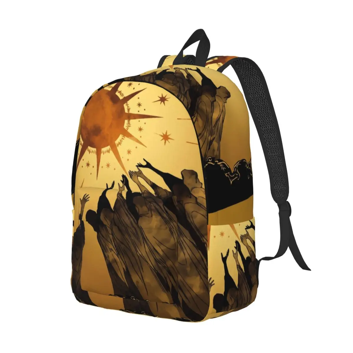 Retro Aesthetic Student Backpack Center Robed Sun Stylized Illustration Deep Gold Warm Amber Shadow Black Edgy Daypack Fashion