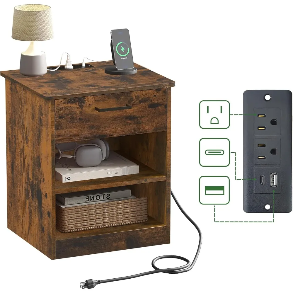 Everyday Side Table with Fast Charging Station - USB Cable Fast Charging, Rustic Brown Nightstand Bedside Table