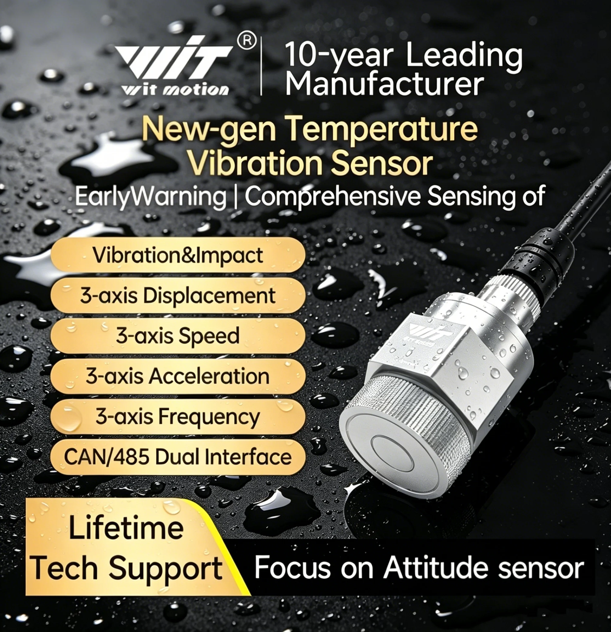 

WitMotion WTVB05 Temperature Vibration 3 xial Acceleration+Amplitude+Displacement+Frequency IP67 Sensor for Motor Water Pump