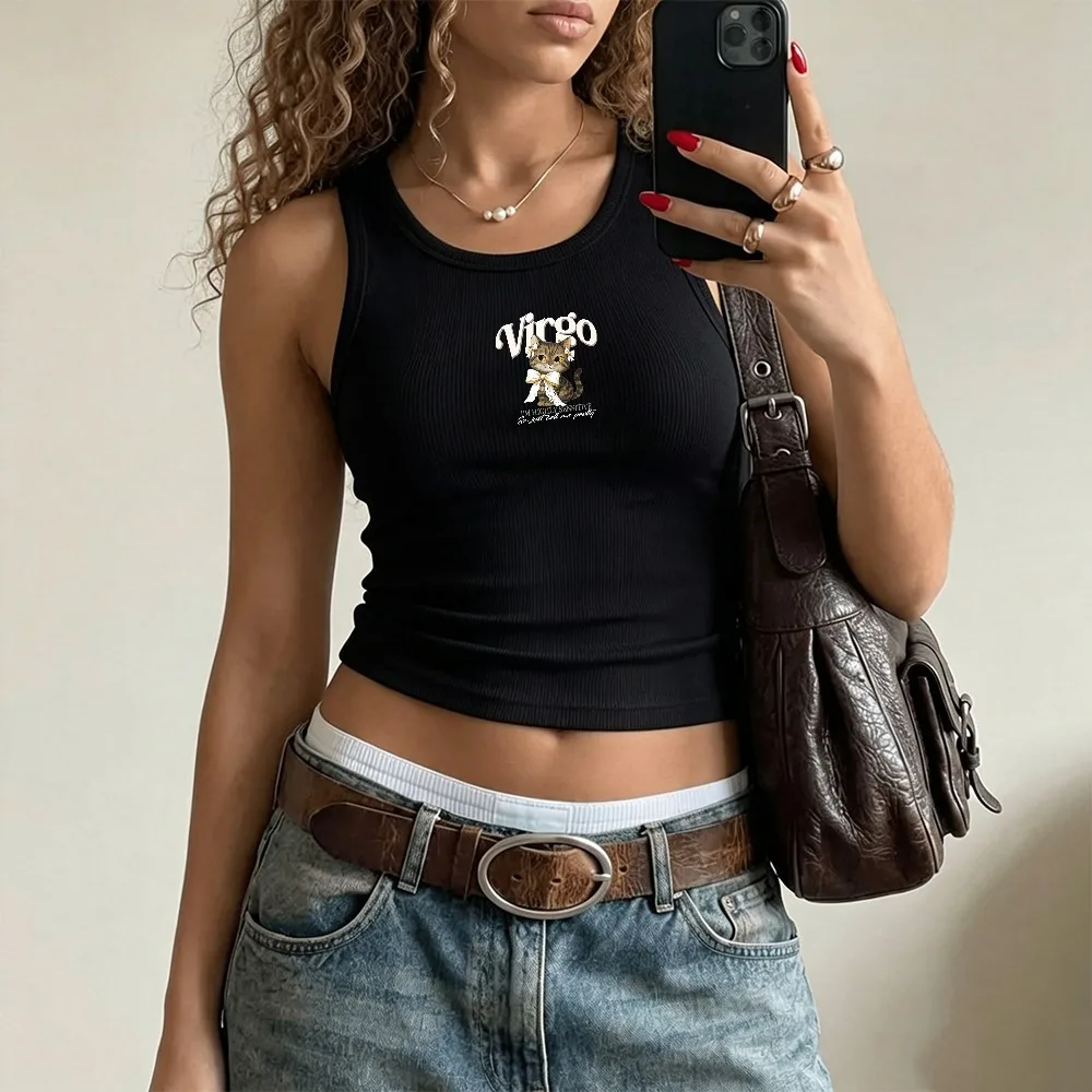 Virgo Cat Zodiac Letter Print Camisole Ribbed Tank Top Crop Y2k Top Women U Neck Sleeveless Slim Fit Cropped Vest Astrology Tops