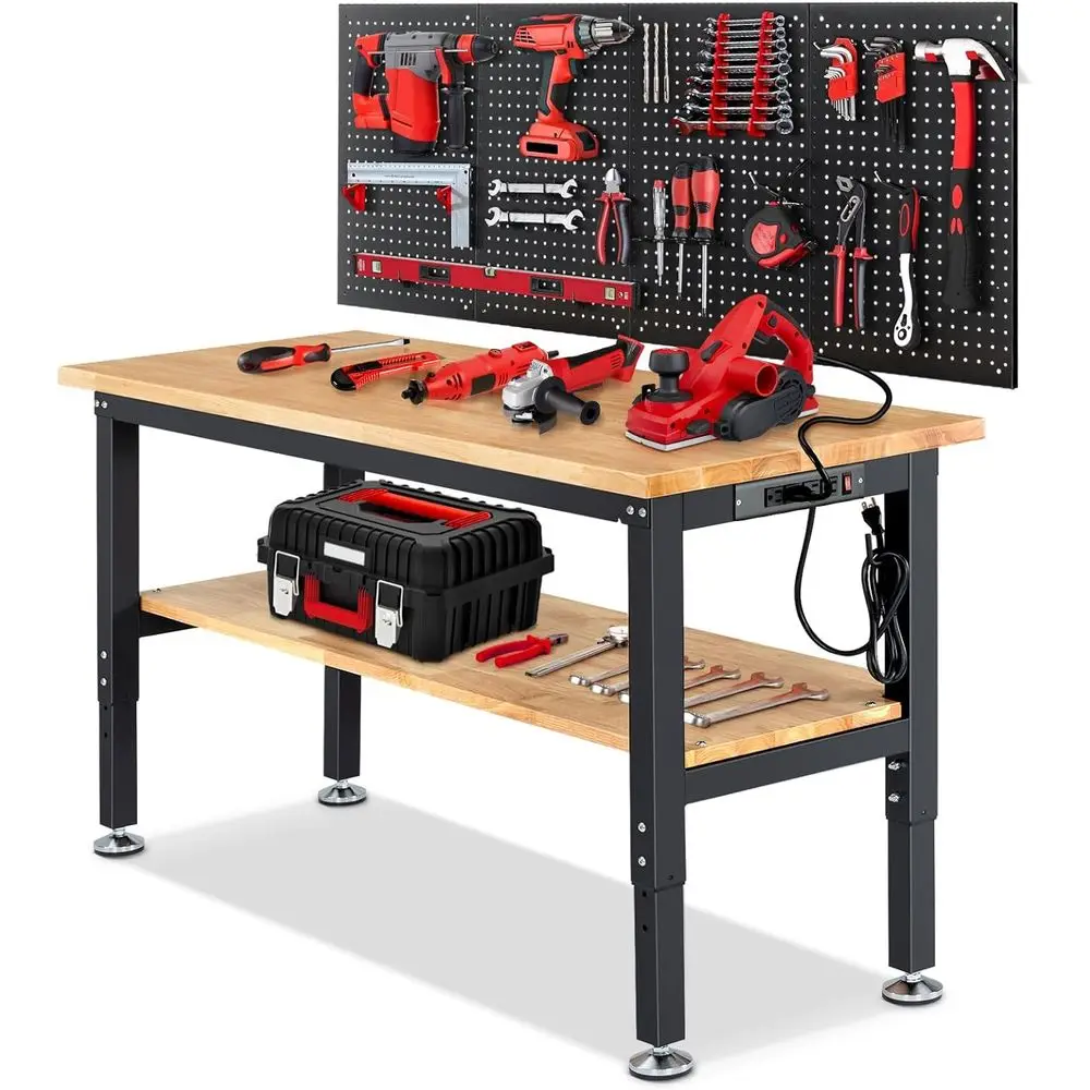 60 Heavy Duty Workbench, Adjustable Height Garage Work Bench with Solid Rubberwood Top, Storage Shel & Power Outlets, Work Table