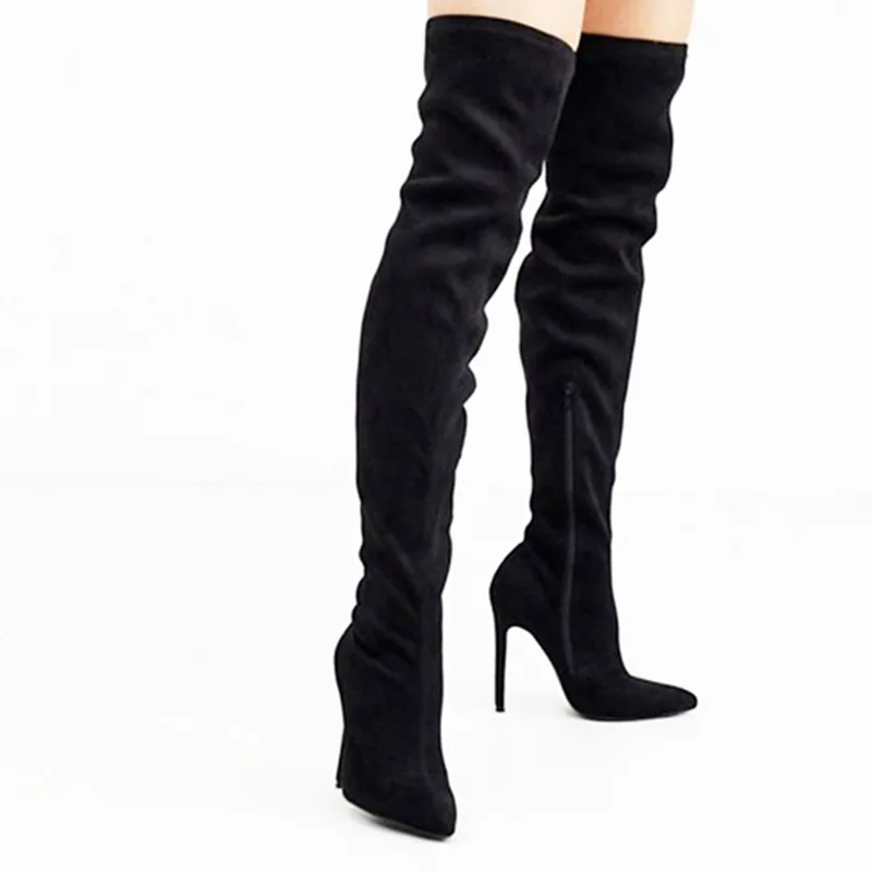 

Woman Black Suede Pointed Stiletto Thigh High Boots Women Inside Zipper Over The Knee Boots Female Fashion Long Boots