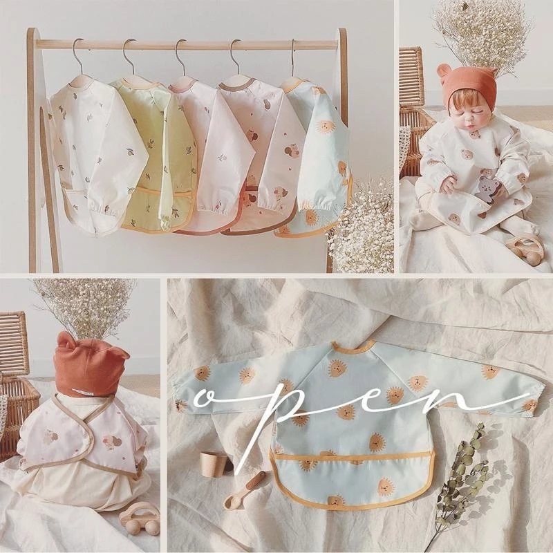 J15U الكرتون المطبوعة مريلة الطفل مقاوم للماء مع جيب الغذاء الطفل الرضع طويلة الأكمام تغذية رسم مريلة رسم الوليد سموك