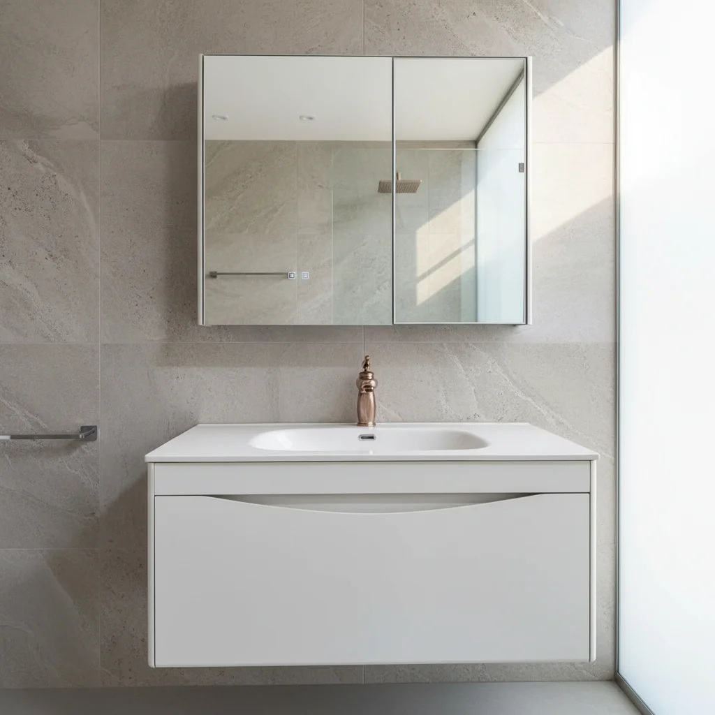 

Custom Waterproof Modern Wall-Mounted Bathroom Vanity Cabinets Ceramic Basin For Apartment Villa Use Solid Wood Marble Construct