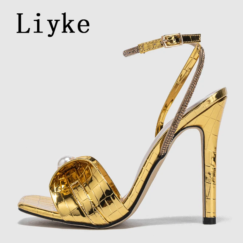 Liyke 2024 New Fashion Pearl Leather Narrow Band Women Sandals Sexy Snake Print Square Toe Crystal Rhinestone Shoes High Heels