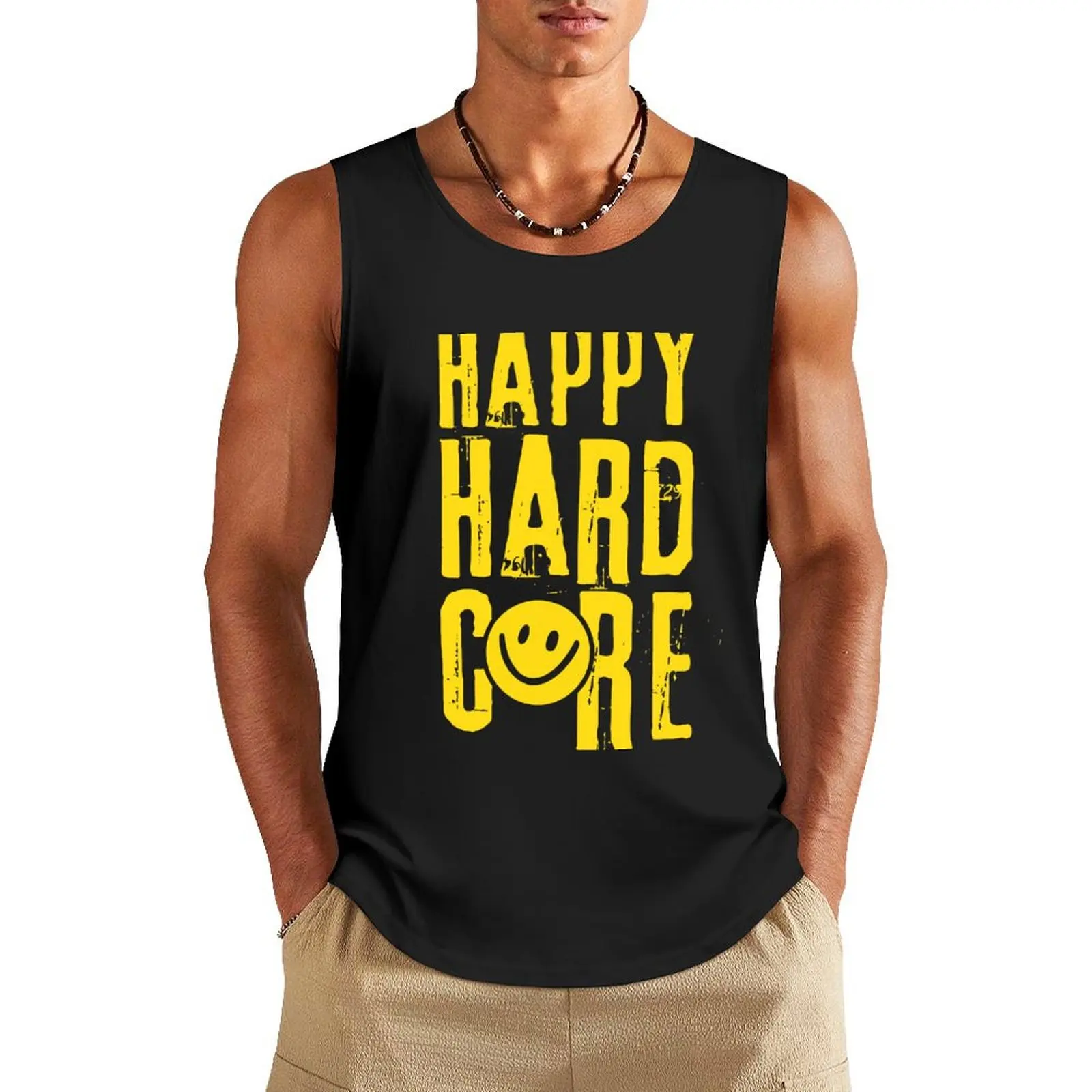 

Rave Music Happy Hardcore Smiley Face Yellow Tank Top Working vest T-shirt sports Man summer clothes best selling products