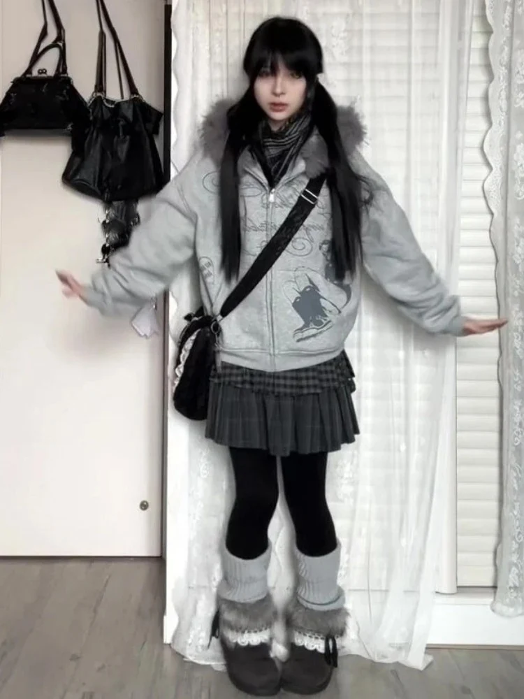 المرأة اليابانية الكرتون طباعة بلوزات Harajuku خمر الفراء المرقعة مقنعين هودي Y2k الجمالية عادية الجرونج جيب هوديس #1