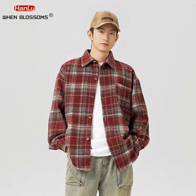 Japanese style retro plaid long sleeved shirt for men autumn new item lapel pocket shirt texture loose couple Coats for women