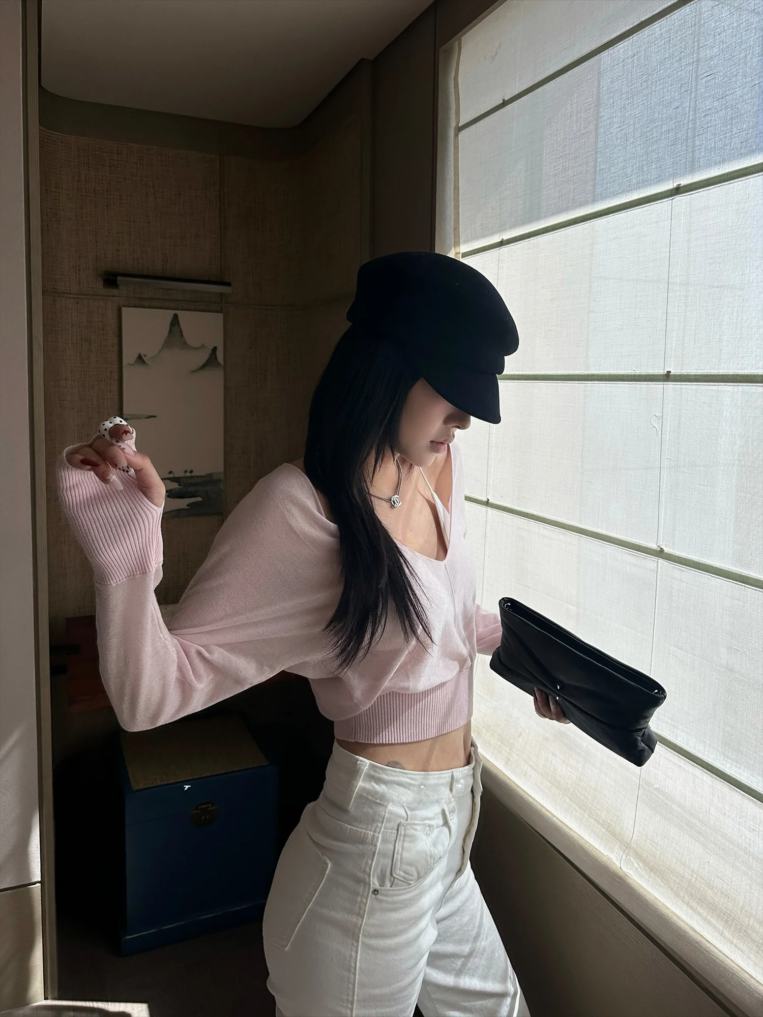 

Falin X Silk Wool Knitted Top Women's Slim Fit V-Ne Batwing Sve Casual Sle Micro Translucent Silk Blend