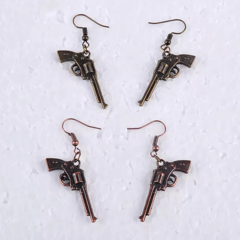 Vintage Antique Red Bronze Handgun Gun Pistol Earrings Metal Alloy Drop Dangle Revolver Earring Jewelry Men Fashion Jewellery