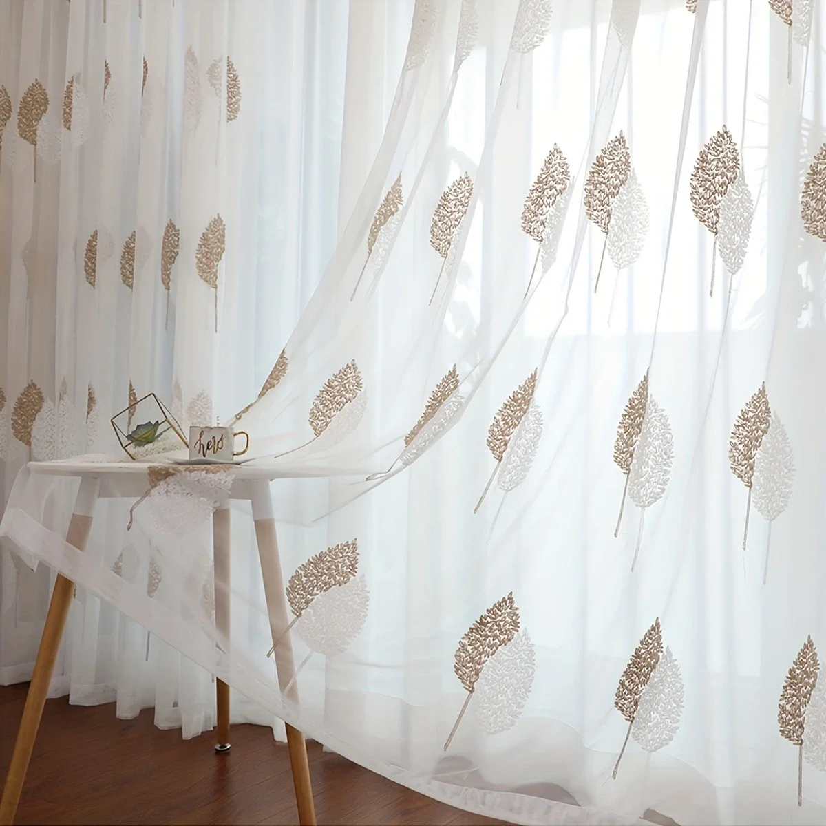 European Embroidered White Tulle Coffee Leaf Sheer Curtains for Living Dining Room Bedroom 창문커텐  Decor Window Luxury Blackout