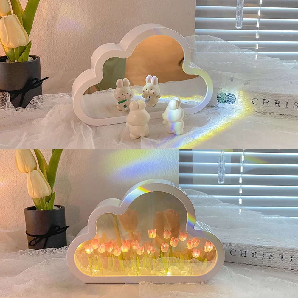 DIY Cloud Tulip LED Night Light Mirror Table Lamp Bedroom Desktop Decoration Lights Bedside Lamps Girl Birthday Anniversary Gift