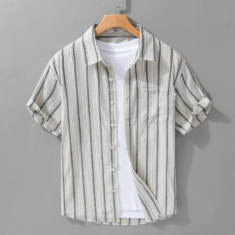 

Retro Classic Striped Pure Cotton Short Sleeve Men's Shirt Summer Fine Texture Loose Half Sleeve Fashionable Casual Shirt