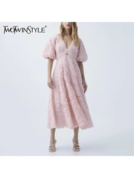 TWOTWINSTYLE Solid Miimalist Slimming Dresses For Women V Neck Short Sleeve Temperament Hollow Out Dress Female Fashion Style