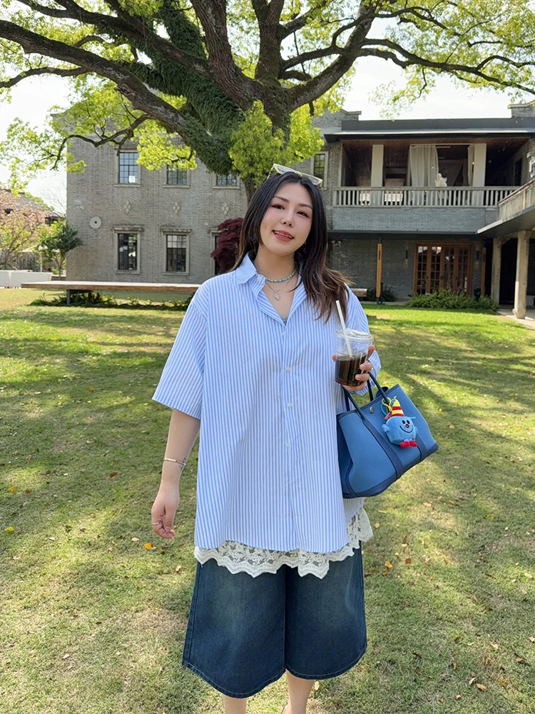 

Женская летняя свободная рубашка VOGANA большого размера в полоску, короткий рукав, в корейском стиле, из хлопка