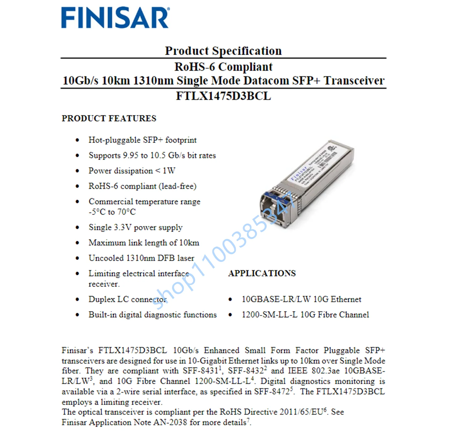 

Finisar SFP+ 10KM 10GB FTLX1475D3BCL lc-lc 10G-1310nm-10km Single mode optical transceiver finisar 10g 10km sfp