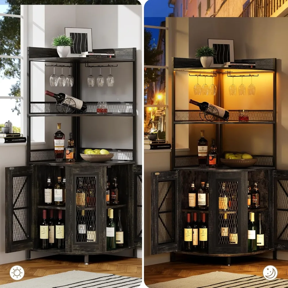 خزائن بار زاوية حديثة مع مخرج طاقة، خزانة مشروبات من 5 طبقات مع ضوء LED وحامل زجاجي، خزائن مشروبات منزلية طويلة 64 بوصة