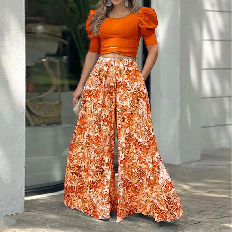 2023 Summer New Women's Puff Sleeves Long-sleeved Top Loose Printed Trousers Fashion Casual Wide Leg Pants Suit Women Oufit