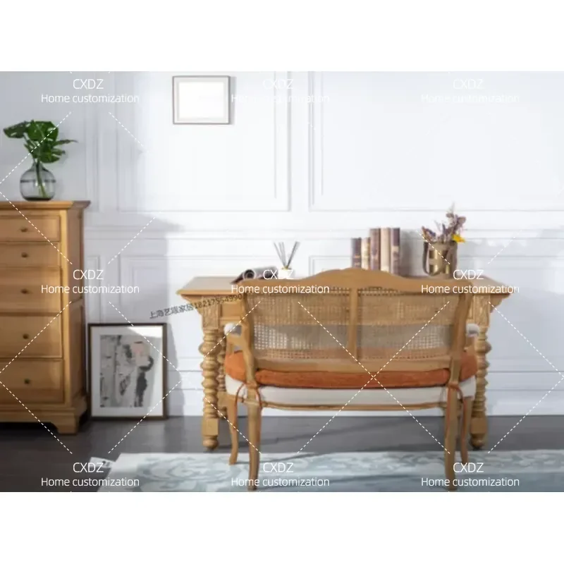 Rural Retro Solid Wood Sofa Chair Casual Fabric Neoclassical Double Triple Seater Armrest Dining Chair for Living Room