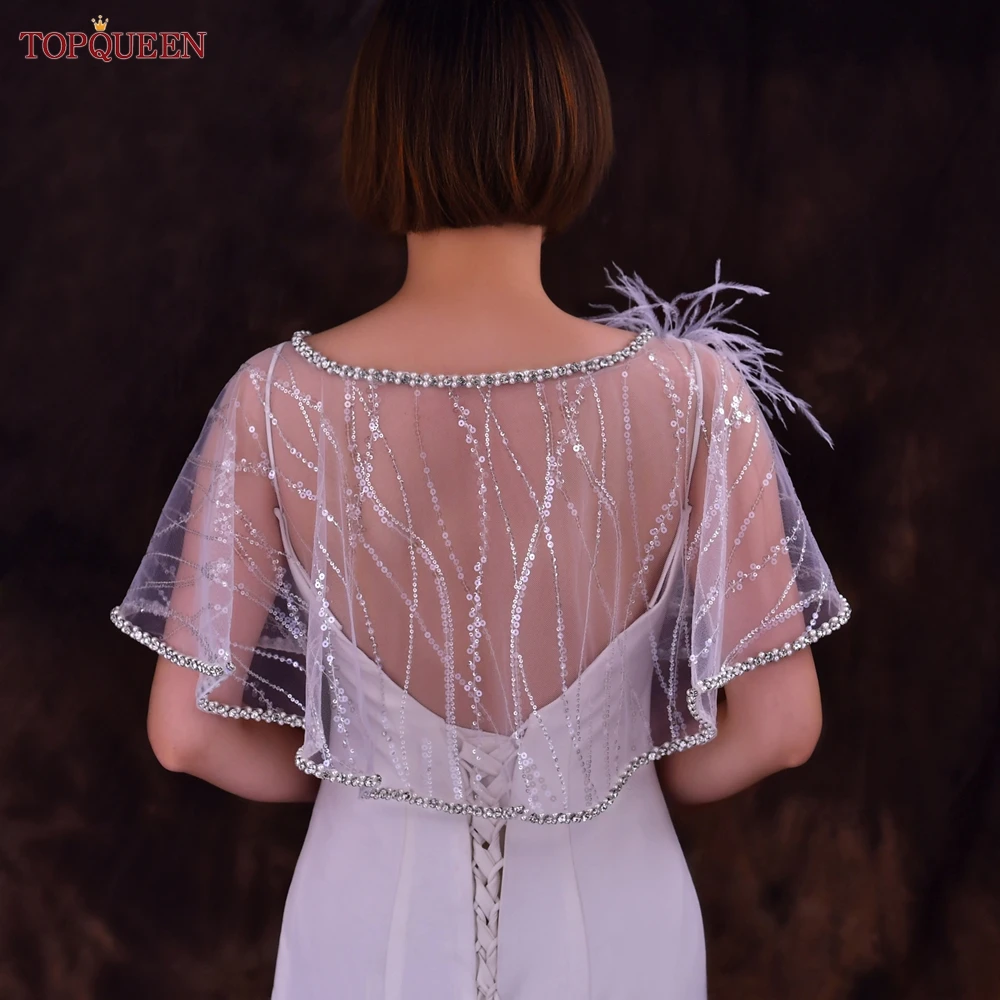 Topqueen Bruiloft Bolero Wrap Pailletten Bruidsjaal Handgemaakte Kralen Rand Banketjas Avond Bruidsaccessoires Sg35