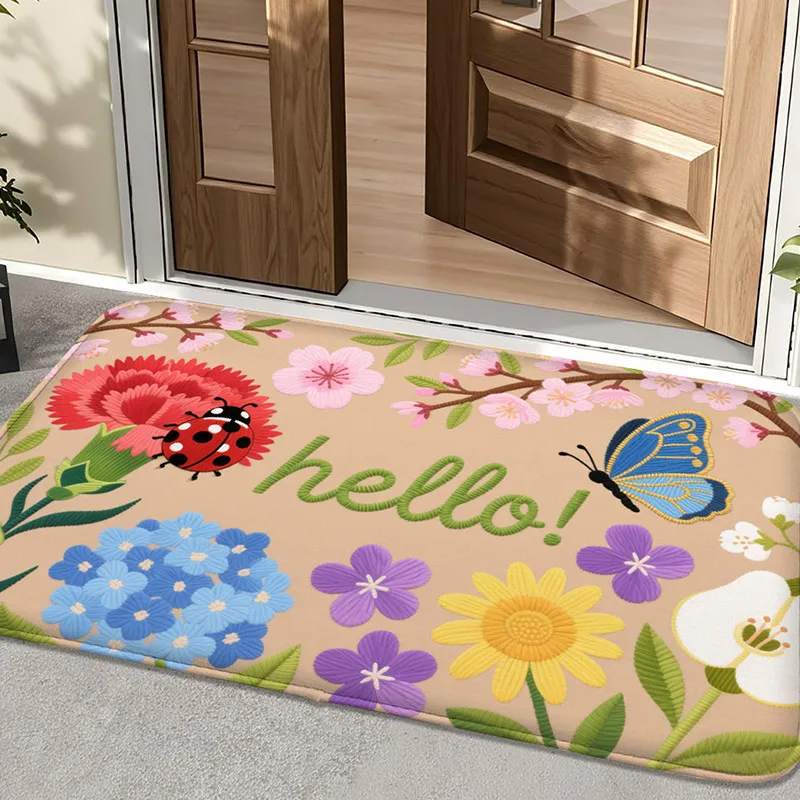 

1PC vintage floral insect butterfly pattern printed flannel floor mat, bedroom carpet, entrance door mat, indoorand outdoor mats