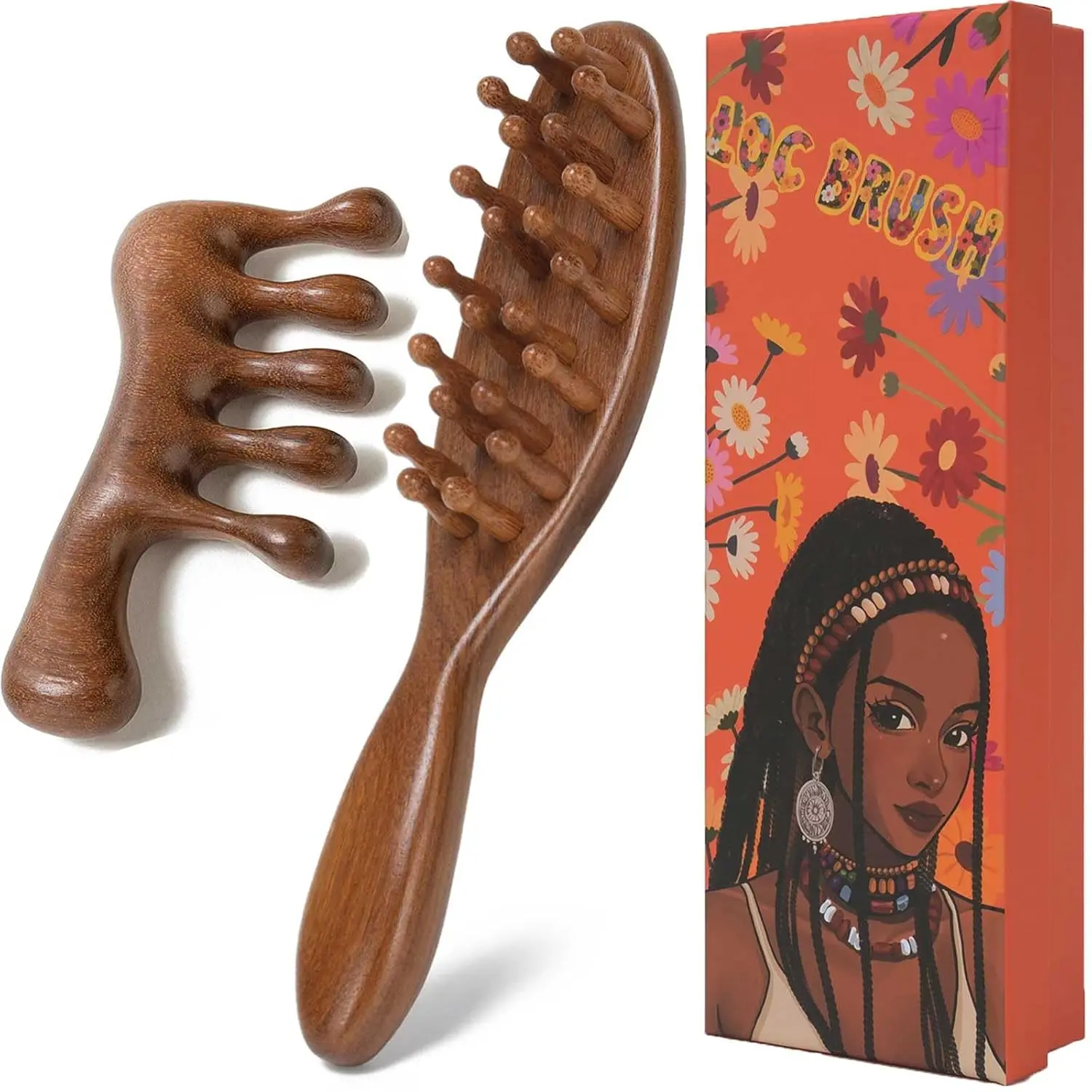 Wooden Loc Comb for Dreads, Microlocs, Sisterlocks & Braids - Sandalwood Scalp Massage Brush with Storage Pouch