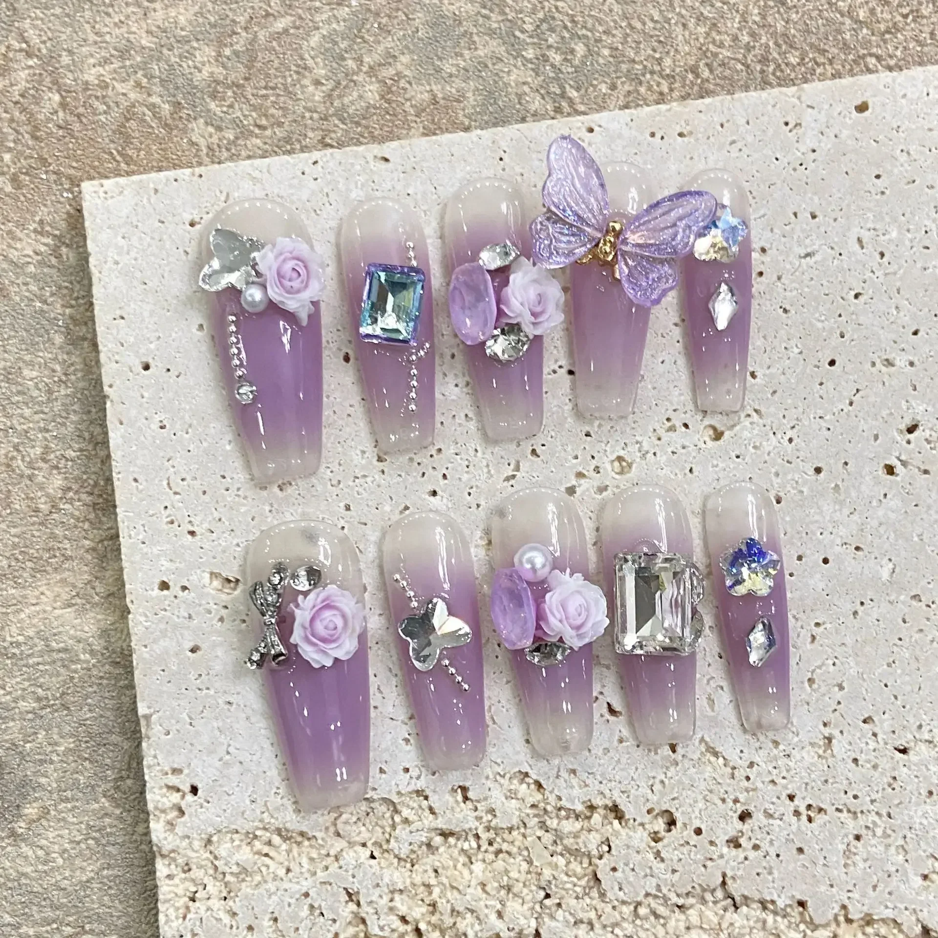 10 Uds. De uñas postizas hechas a mano, cubierta completa, diseño de fresa, diamantes de imitación de verano, bailarina francesa, uñas postizas, manicura usable