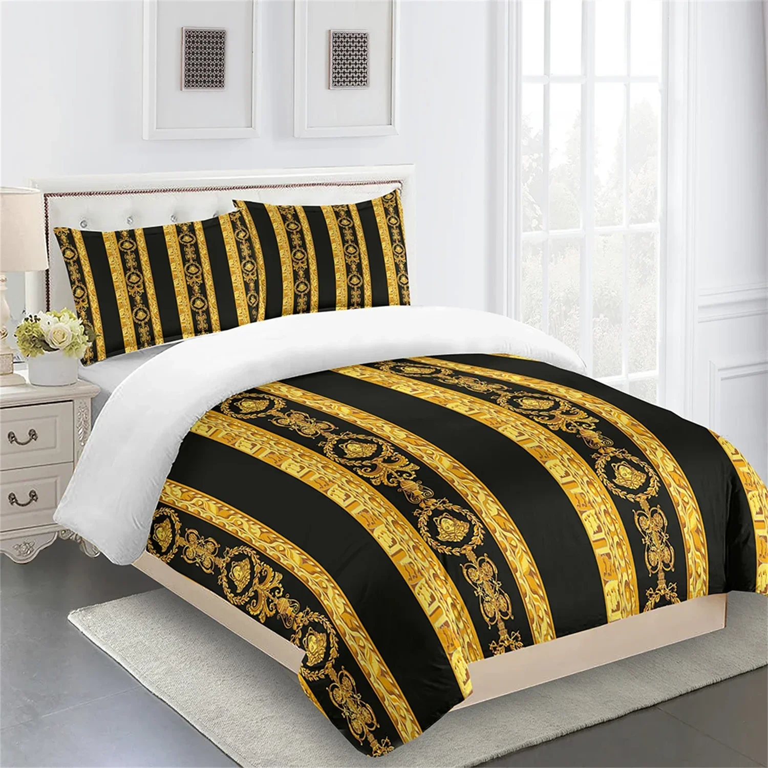 Marchi di lusso nero oro Design piumino morbido King Queen Set copripiumino Full Size 3 pezzi Set biancheria da letto copripiumino 2 federe