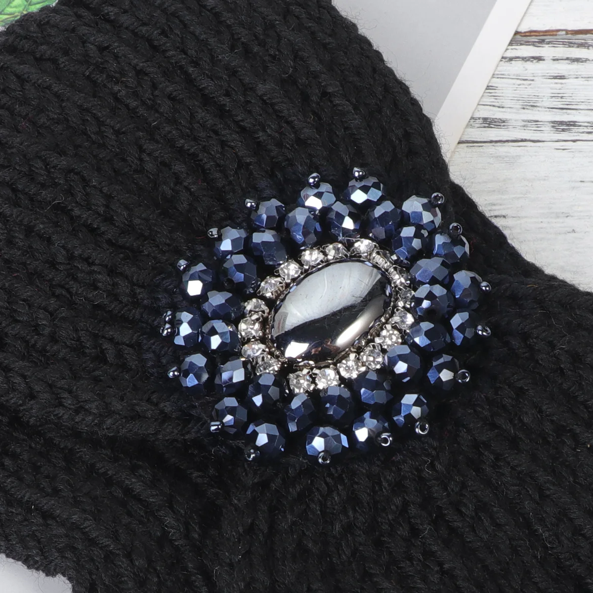 

Knitted Black Hair Band Winter Warm Ear Protector One Size Elastic Soft Adjustable Comfortable Hair Accessories Rhinestone