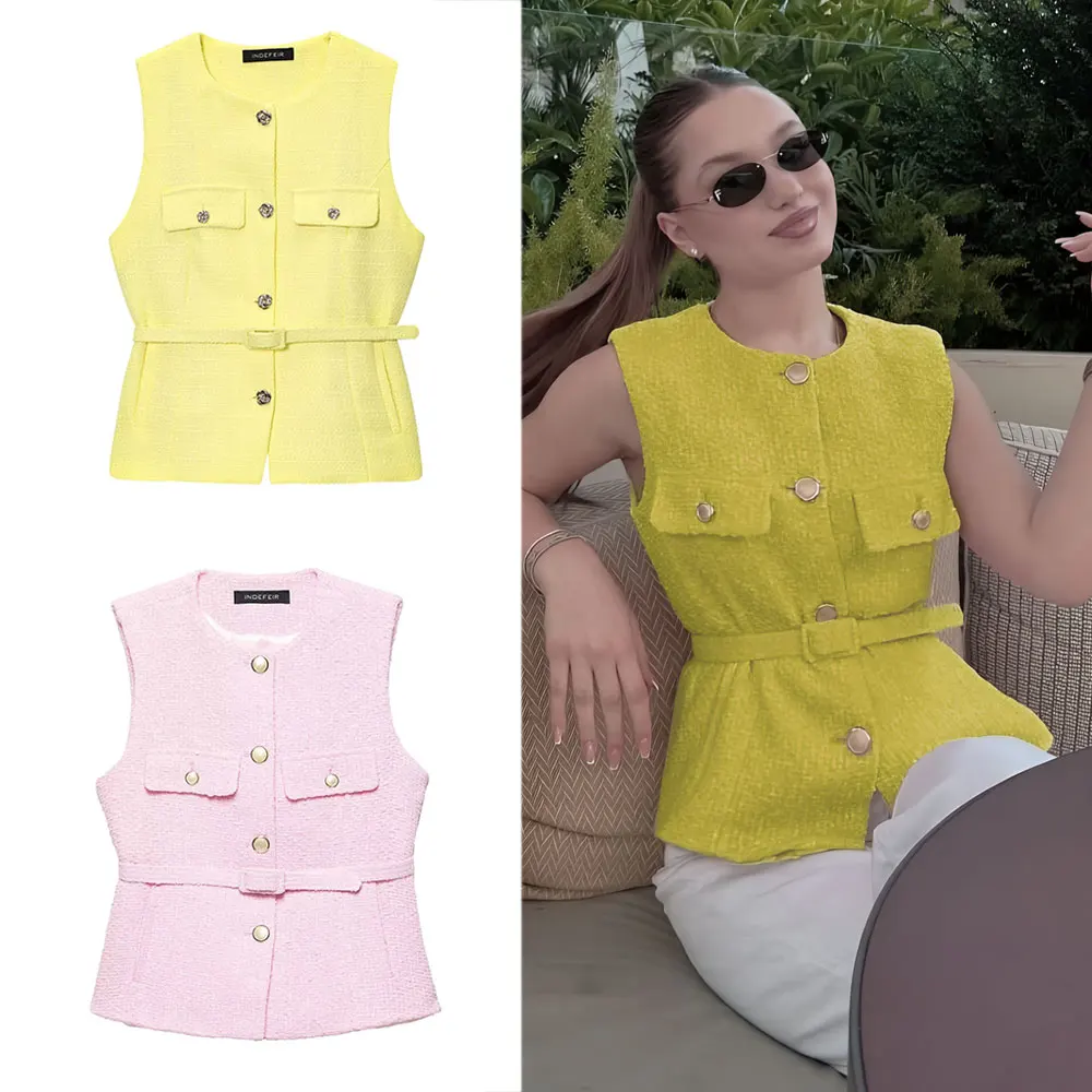 

TRAFZA Women Fashion O-Neck Sleeveless Texture Vest Top Female Chic Button Pockets Decoration Casual Slim Waistcoat Top Mujer