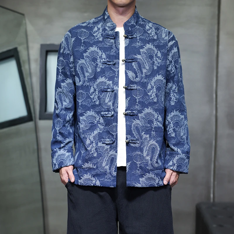 

Men's Chinese Style Denim Jacket with Dragon Print & Frog Buttons - Asian-Inspired Design, Stand Collar Loose Fit Clothing 5XL