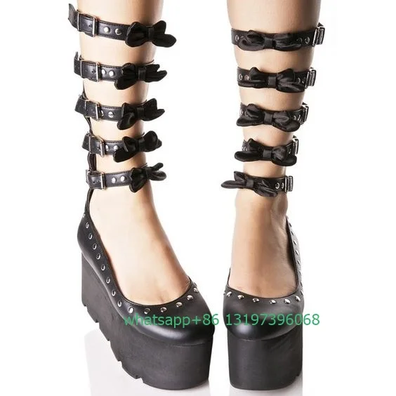 

Lady black platform multi buckle strap boots bowknot embellished design elegant Mary Janes shoes Y2K style high heels size 3546