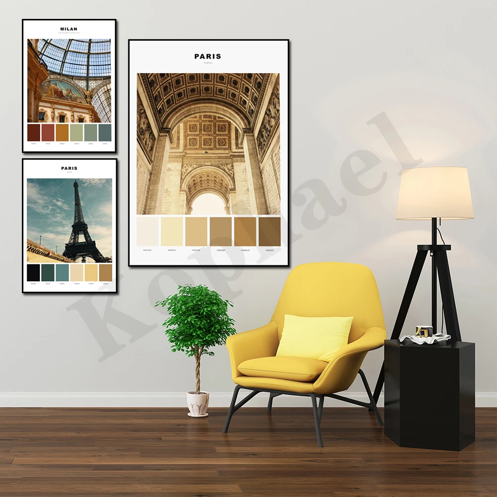 Sign Bridge. Milan. Eiffel Tower. Arc de Triomphe. Suleiman Mosque Shield Fisherman. Cityscape Tones. Home Wall Decor Art Poster