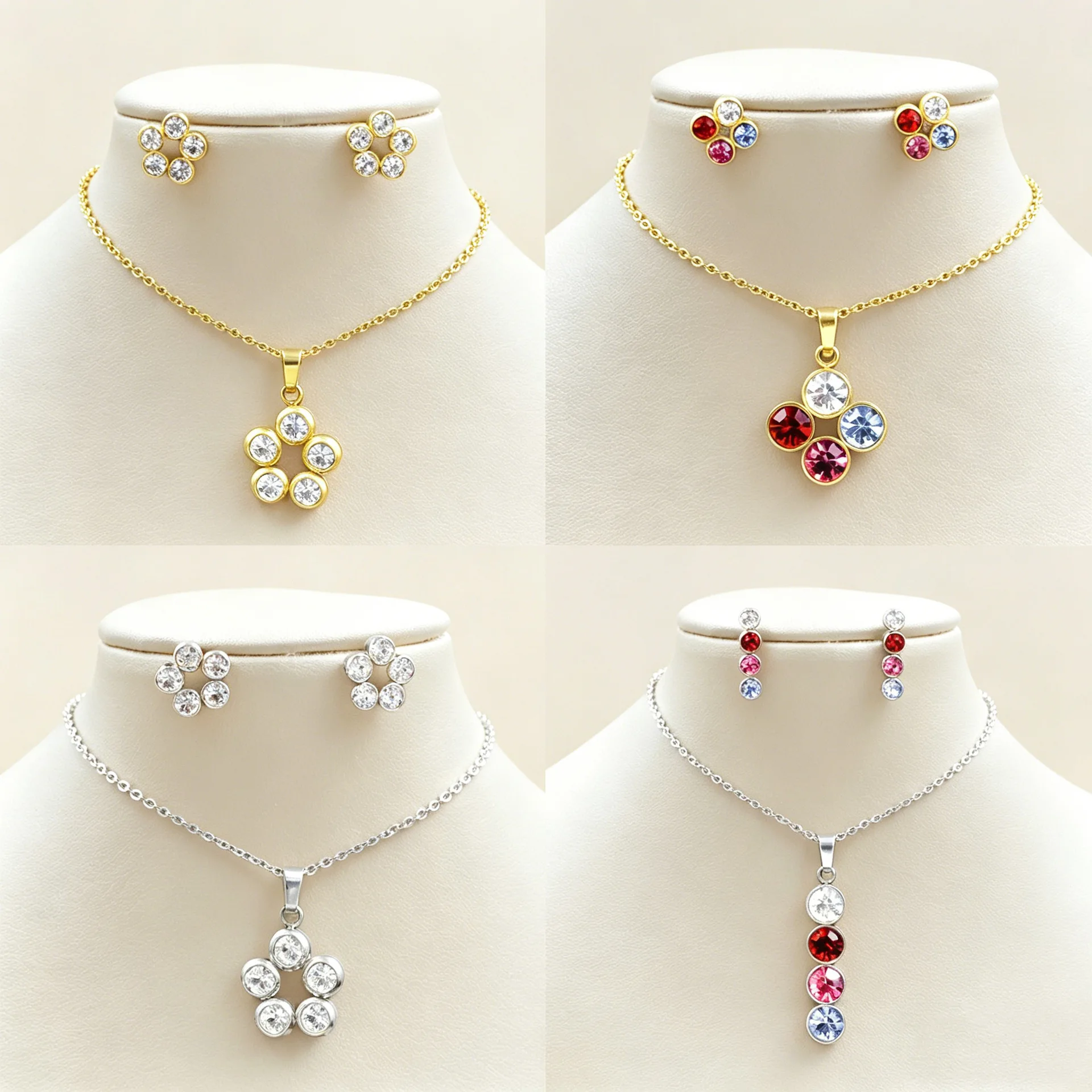 Mixed Rhinestone Bar Jewelry Set Stainless Steel Round Crystal Flower Pendant Necklace Earrings Set for Women Sweet Romantic Sty