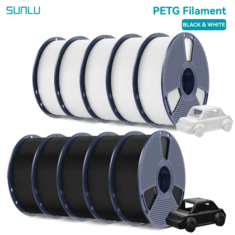 SUNLU PETG/PLA/PLA PLUS 3D-Filament 1,75mm 10KG Schwarz Weiß Grau Verwicklungsfreies Filament Mit Wiederverwendbarer Spule für die Meisten FDM-Drucker